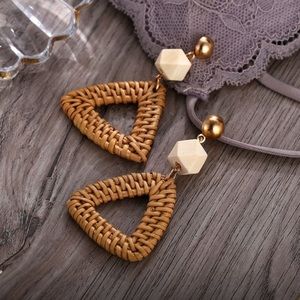 Triangle Rattan w/off white bead earrings